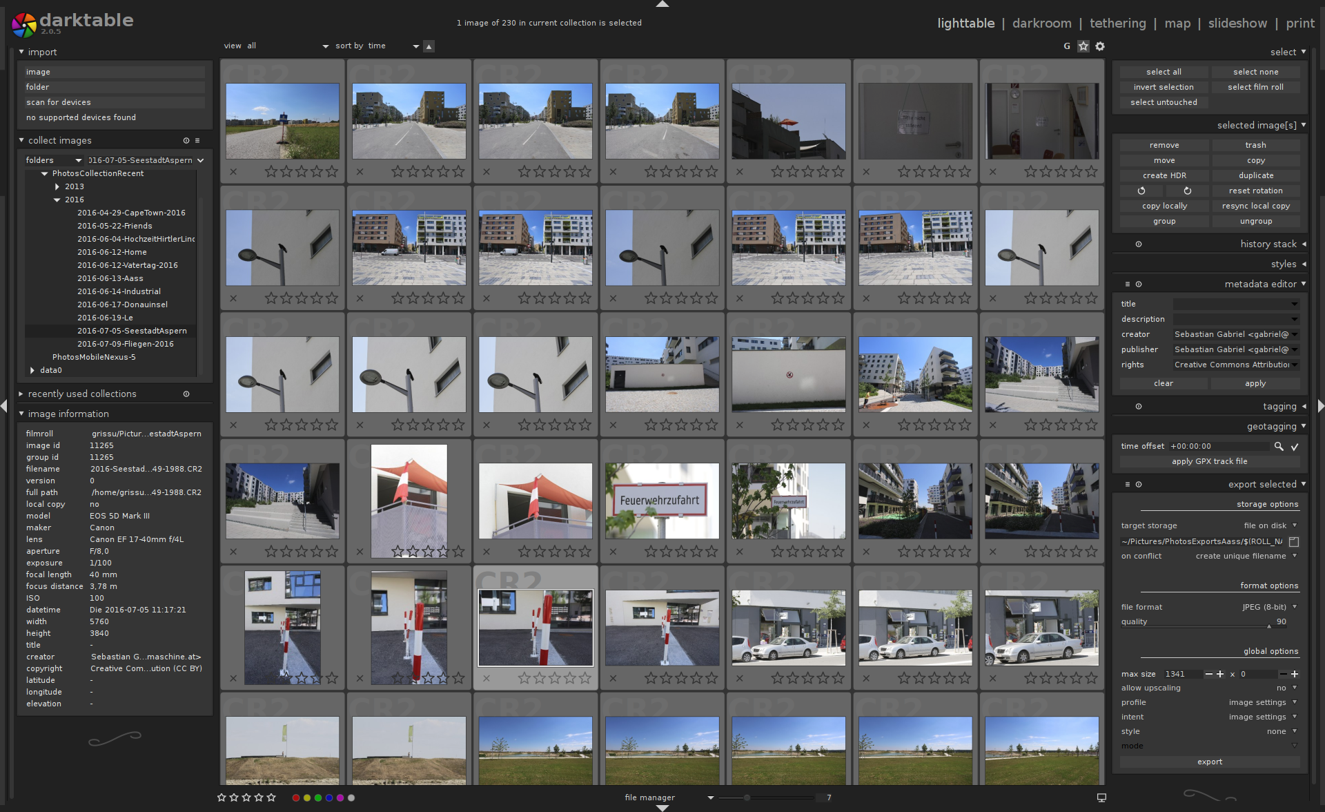 Darktable im lighttable-Modus unmittelbar nach Import